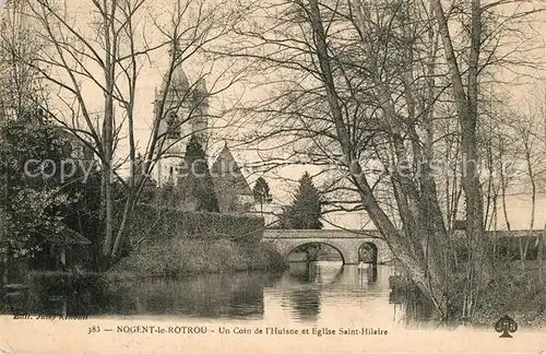 AK / Ansichtskarte Nogent le Rotrou Un Coin de lHuisne et Eglise Saint Hilaire Nogent le Rotrou