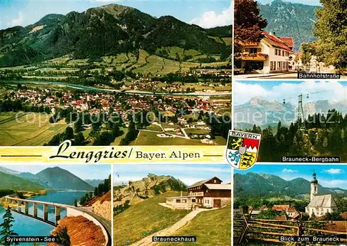 AK / Ansichtskarte Lenggries Panorama Bayerische Alpen Fliegeraufnahme Bahnhofstrasse Brauneck Bergbahn Sylvensteinsee Bruecke Brauneckhaus Kirche Lenggries