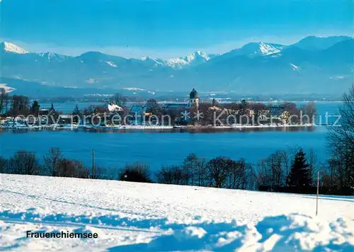 AK / Ansichtskarte Frauenchiemsee Kloster Frauenwoerth Klosterkirche Chiemsee Alpenpanorama im Winter Frauenchiemsee