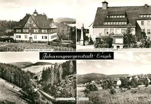 AK / Ansichtskarte Johanngeorgenstadt Jugendherberge Ernst Schneller Postamt mit Postsaeule Landschaftspanorama Unterjugel Johanngeorgenstadt