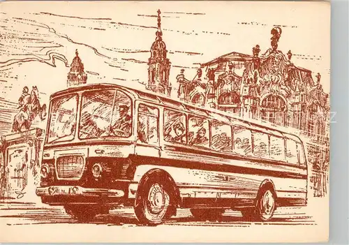 AK / Ansichtskarte Dresden Zum Andenken an eine Stadtrundfahrt Bus Zeichnung Kuenstlerkarte Dresden