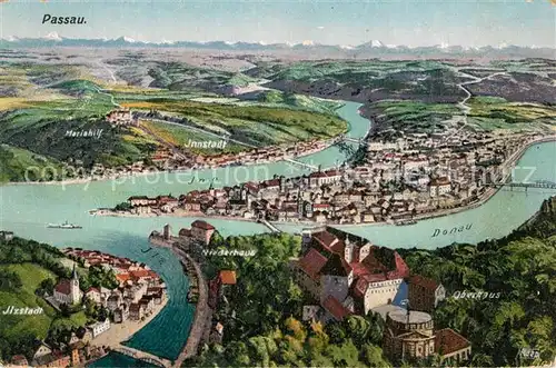 AK / Ansichtskarte Passau Panorama aus der Vogelperspektive Donau Ilz Inn Alpenkette Passau