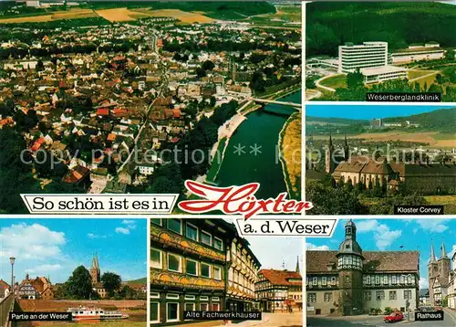 AK / Ansichtskarte Hoexter_Weser Alte Fachwerkhaeuser Rathaus Fliegeraufnahme Weserberglandklinik Kloster Corvey Hoexter Weser