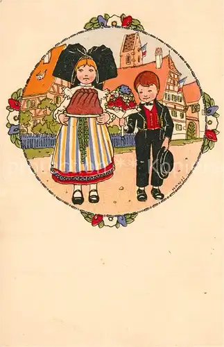 AK / Ansichtskarte Hansi Kinder Trachten Elsass Kuchen Blumen 