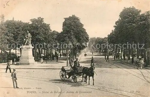 AK / Ansichtskarte Tours_Indre et Loire Statue de Balzac Avenue de Grammont Monument Pferdedroschke Tours Indre et Loire