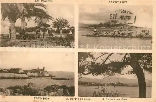 AK / Ansichtskarte Antibes_Alpes_Maritimes Les Palmiers le Fort Carre Vieille Ville a travers les Pins Antibes_Alpes_Maritimes