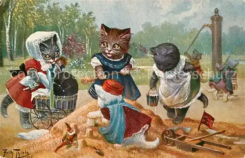 AK / Ansichtskarte Thiele_Arthur Vermenschlicht Katzen Puppenwagen Sandkasten 