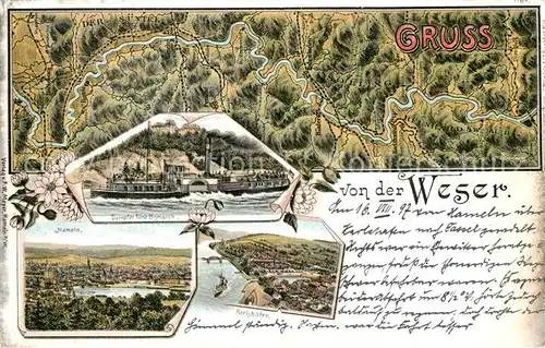 AK / Ansichtskarte Dampfer_Seitenrad F?rst Bismarck Weser Landkarte Hameln Karlshafen Litho 