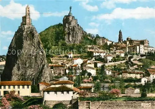 AK / Ansichtskarte Le_Puy en Velay Vue generale rocher dAiguilhe et la Chapelle Saint Michel Rocher Corneille domine par la statue Notre Dame e de France la Cathedrale  Le_Puy en Velay