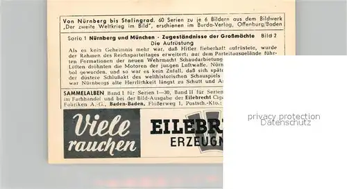 AK / Ansichtskarte Militaria_Deutschland_WK2 Von N?rnberg bis Stalingrad N?rnberg und M?nchen Zugest?ndnisse der Grossm?chte Aufr?stung Eilebrecht Zigaretten 