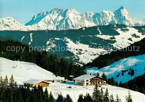 AK / Ansichtskarte Hinterglemm_Saalbach Berggasthof Ellmau Alm Wintersportplatz Alpenpanorama Hinterglemm_Saalbach