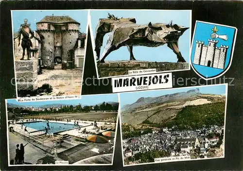 AK / Ansichtskarte Marvejols La Porte du Soubeyran et la Statue dHenri IV La Piscine La Bete du Gevauden Vue generale et Pic du Midi Marvejols