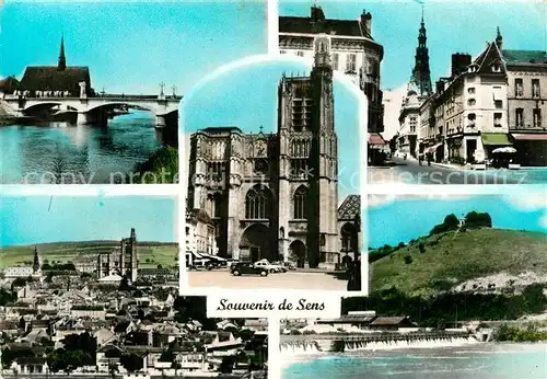 AK / Ansichtskarte Sens_Yonne Le pont et leglise St Maurice La Cathedrale Place de la Republique Vue generale La Chapelle St Bend et le barrage Sens_Yonne