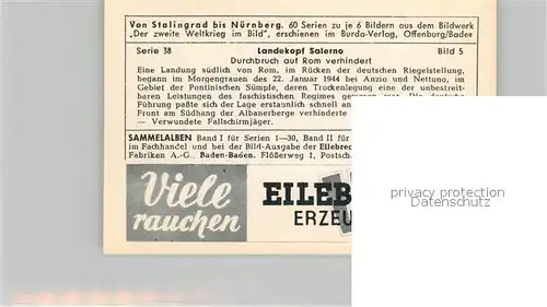 AK / Ansichtskarte Militaria_Deutschland_WK2 Von Stalingrad bis N?rnberg Landekopf Salerno Durchbruch auf Rom verhindert Eilebrecht Zigaretten 