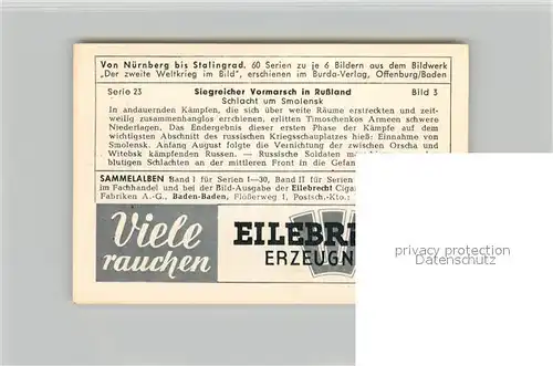 AK / Ansichtskarte Militaria_Deutschland_WK2 Von N?rnberg bis Stalingrad Siegreicher Vormarsch in Russland Schlacht um Smolensk Eilebrecht Zigaretten 