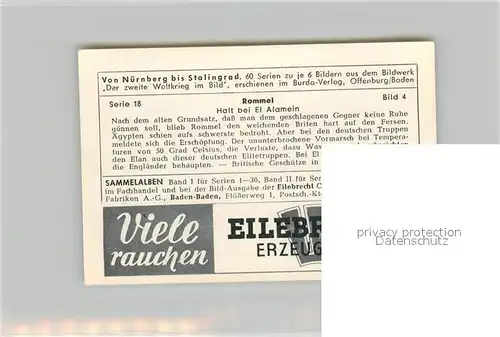 AK / Ansichtskarte Militaria_Deutschland_WK2 Von N?rnberg bis Stalingrad Rommel Halt bei El Alamein Eilebrecht Zigaretten 