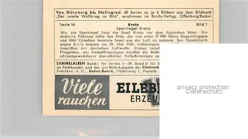 AK / Ansichtskarte Militaria_Deutschland_WK2 Von N?rnberg bis Stalingrad Kreta Sperriegel Eilebrecht Zigaretten 