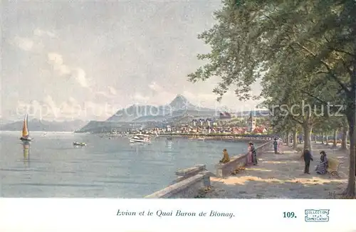 AK / Ansichtskarte Evian les Bains_Haute_Savoie Quai Baron de Blonay Dessin Kuenstlerkarte Evian les Bains_Haute