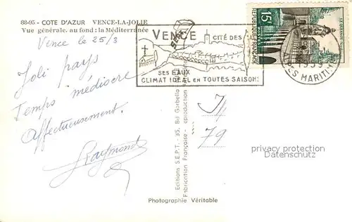 AK / Ansichtskarte Vence la Jolie Vue generale au fond la Mediterranee Vence la Jolie