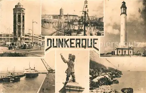 AK / Ansichtskarte Dunkerque Place du Minck Vue densemble Le Phare Le Port Statue de Jean Bart La Jetee Dunkerque
