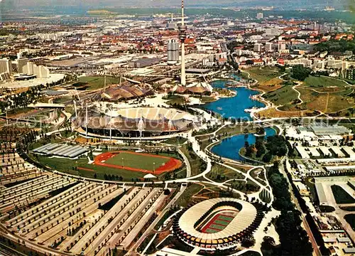 AK / Ansichtskarte Muenchen Fliegeraufnahme Olympia Gelaende Olympiaturm Muenchen