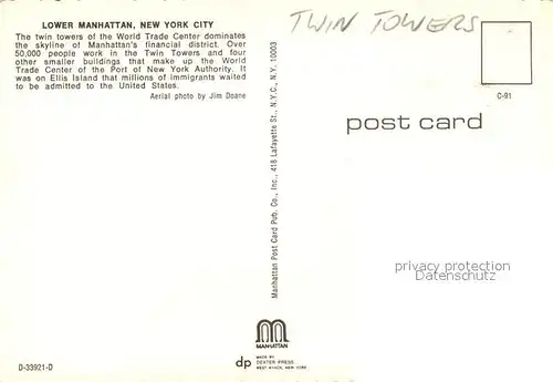 AK / Ansichtskarte New_York_City Lower Manhattan Twin Towers New_York_City