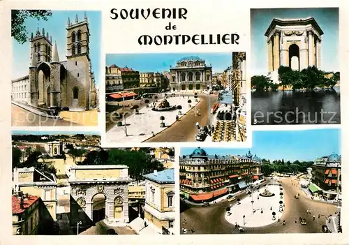 AK / Ansichtskarte Montpellier_Herault Cathedrale Saint Pierre Place de la Comedie Theatre Chateau d eau Arc de Triomphe Peyros Aqueduc Montpellier Herault