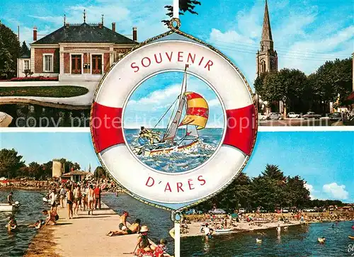 AK / Ansichtskarte Ares La Mairie Eglise Jetee Plage Rettungsring Segelboot Ares
