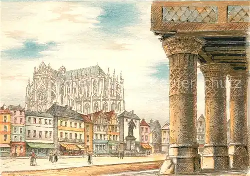 AK / Ansichtskarte Beauvais Ancienne Place Jeanne Hachette et les Trois Piliers Dessin Kuenstlerkarte Beauvais