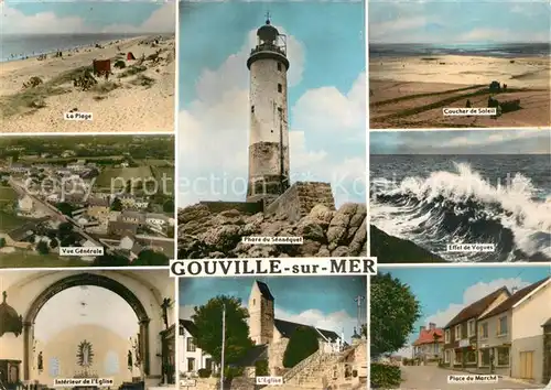 AK / Ansichtskarte Gouville sur Mer La Plage Vue generale Coucher de Solail Phare du Sennequet Effet de Vagues Eglise Interieur Place du Marche Gouville sur Mer