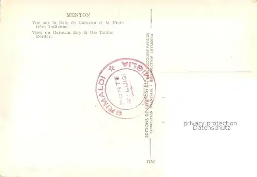 AK / Ansichtskarte Menton_Alpes_Maritimes Vue sur la Baie de Garavan et la Frontiere Italienne Menton_Alpes_Maritimes