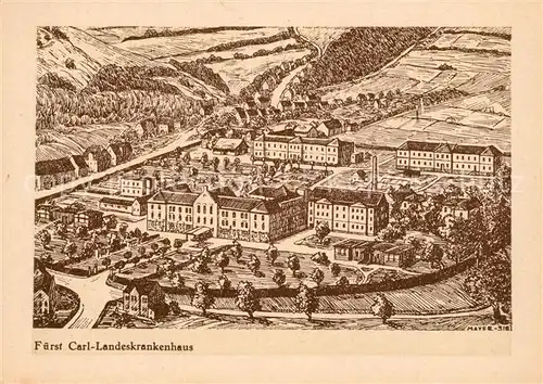 AK / Ansichtskarte Sigmaringen Fuerst Carl Landeskrankenhaus aus der Vogelperspektive Paul Mayer Kuenstlerkarte Serie Sigmaringer Stadtbilder Sigmaringen