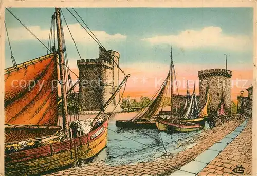 AK / Ansichtskarte La_Rochelle_Charente Maritime Quai et entree du port tours Dessin Kuenstlerkarte La_Rochelle