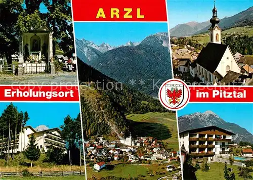AK / Ansichtskarte Arzl_Pitztal Teilansichten Erholungsort Kriegergedenkstaette Pfarrkirche Gasthof Pension Arzlerhof Hotel Post Schwimmbad Lechtaler Alpen Arzl Pitztal