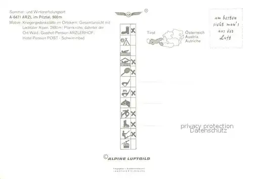 AK / Ansichtskarte Arzl_Pitztal Teilansichten Erholungsort Kriegergedenkstaette Pfarrkirche Gasthof Pension Arzlerhof Hotel Post Schwimmbad Lechtaler Alpen Arzl Pitztal