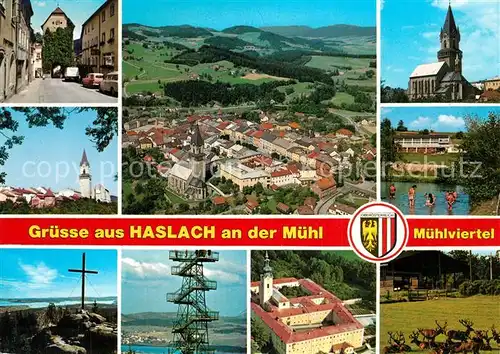 AK / Ansichtskarte Haslach_Muehl Erholungsort im Muehlviertel Historischer Webermarkt Aussichtsturm Kirche Gipfelkreuz Wildpark Kloster Moldau Haslach_Muehl