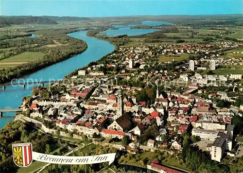 AK / Ansichtskarte Braunau_Inn Fliegeraufnahme mit Enknachmuendung Innstausee Kraftwerk Ehring Frauenstein Stadtpfarrkiche Stephansmuenster Braunau Inn