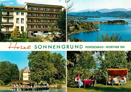 AK / Ansichtskarte Poertschach_Woerthersee Hotel Sonnengrund Garten Badesteg Landschaftspanorama Alpen Poertschach Woerthersee