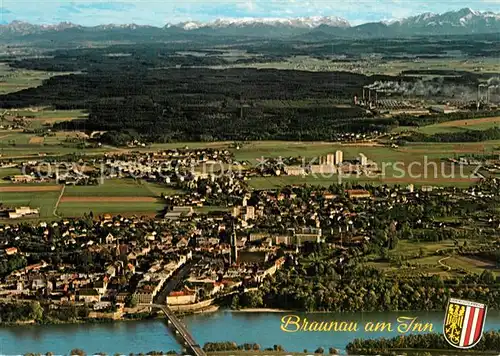 AK / Ansichtskarte Braunau_Inn Fliegeraufnahme mit Ranshofen und Alpenpanorama Braunau Inn