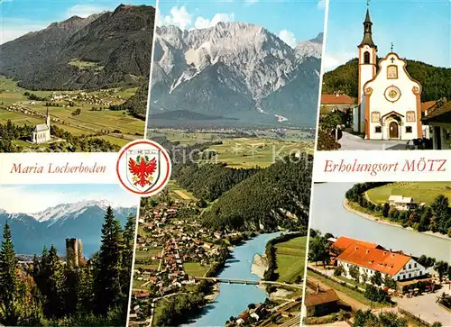 AK / Ansichtskarte Moetz Wallfahrtskirche Maria Locherboden Moetz Mieminger Kette Pfarrkirche Schloss Klamm mit Stubaier Alpen Gasthof Roemisch Deutscher Kaiser Moetz