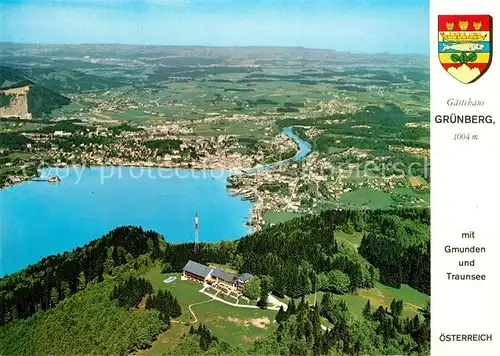 AK / Ansichtskarte Gmunden_Salzkammergut Fliegeraufnahme mit Gruenberg Rast und Gaestehaus Gmunden Salzkammergut