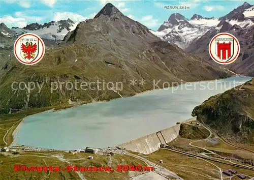 AK / Ansichtskarte Silvrettasee Fliegeraufnahme mit Staumauer Piz Buin Silvrettasee