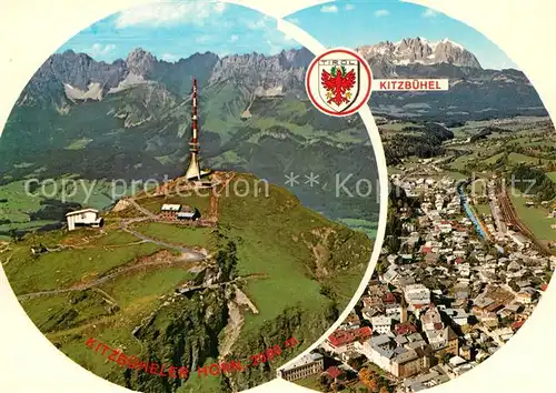 AK / Ansichtskarte Kitzbuehel_Tirol Fliegeraufnahme mit Kaisergebirge Kitzbueheler Horn Zentralalpen Kitzbuehel Tirol