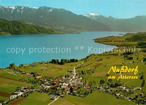AK / Ansichtskarte Nussdorf_Attersee Fliegeraufnahme mit Hoellengebirge Naturbadestrand Camping  Nussdorf Attersee