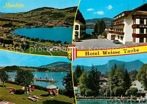 AK / Ansichtskarte Mondsee_Salzkammergut Hotel Weisse Taube Liegewiese Badesteg Fliegeraufnahme Mondsee Salzkammergut