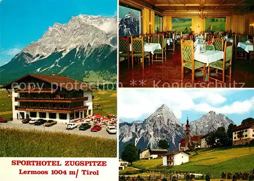 AK / Ansichtskarte Lermoos_Tirol Sporthotel Zugspitze Restaurant Ortsmotiv mit Kirche Alpen Lermoos Tirol