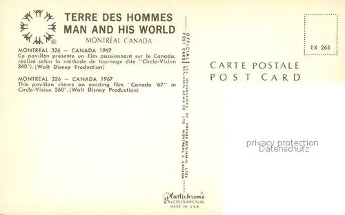 AK / Ansichtskarte Montreal_Quebec Terre des Hommes Man and his World Pavilion Canada 67 Montreal Quebec