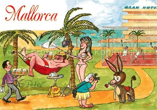 AK / Ansichtskarte Mallorca Gran Hotel Tennis Karikaturen Kuenstlerkarte Mallorca