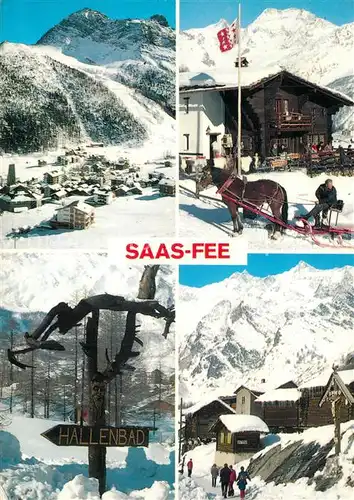 AK / Ansichtskarte Saas Fee Teilansichten Wintersportplatz Walliser Alpen Pferdeschlitten Saas Fee