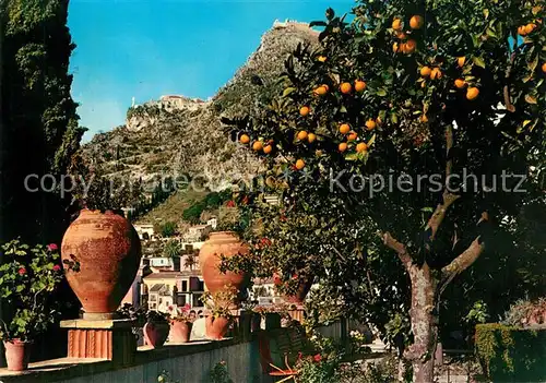AK / Ansichtskarte Taormina_Sizilien Panorama col Santuario Madonna della Rocca Orangenbaum Taormina Sizilien